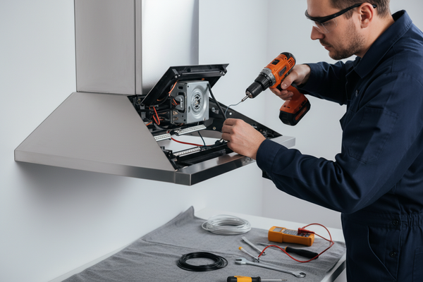 a image with repairing a steel  chimney with light grey background