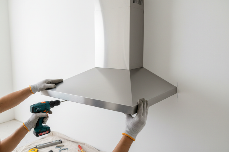 a image with wall mounted chimney installation with two hands and plain background