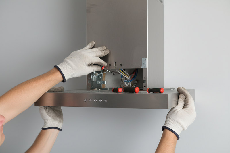 a image with wall mounted chimney un installation with two hands and plain background