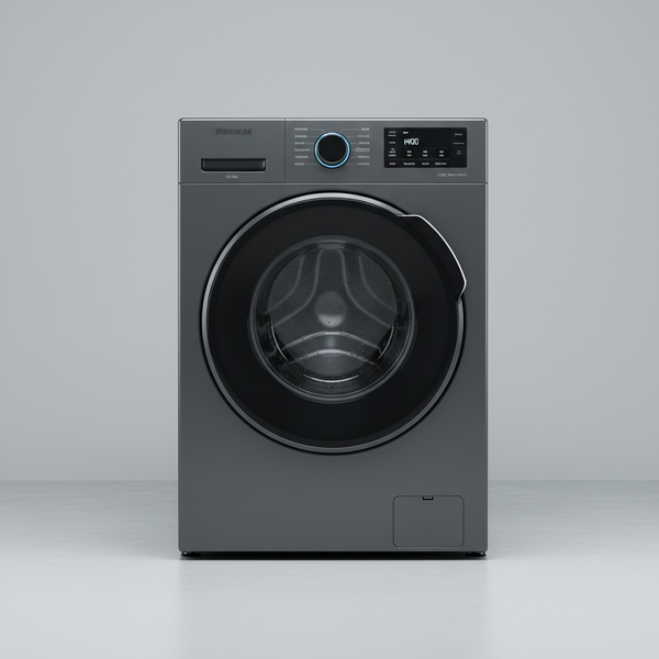 grey washing machinge with light grey background in 4k in mid