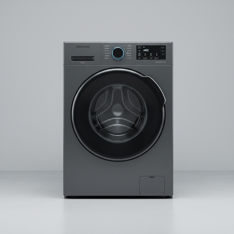 grey washing machinge with light grey background in 4k in mid