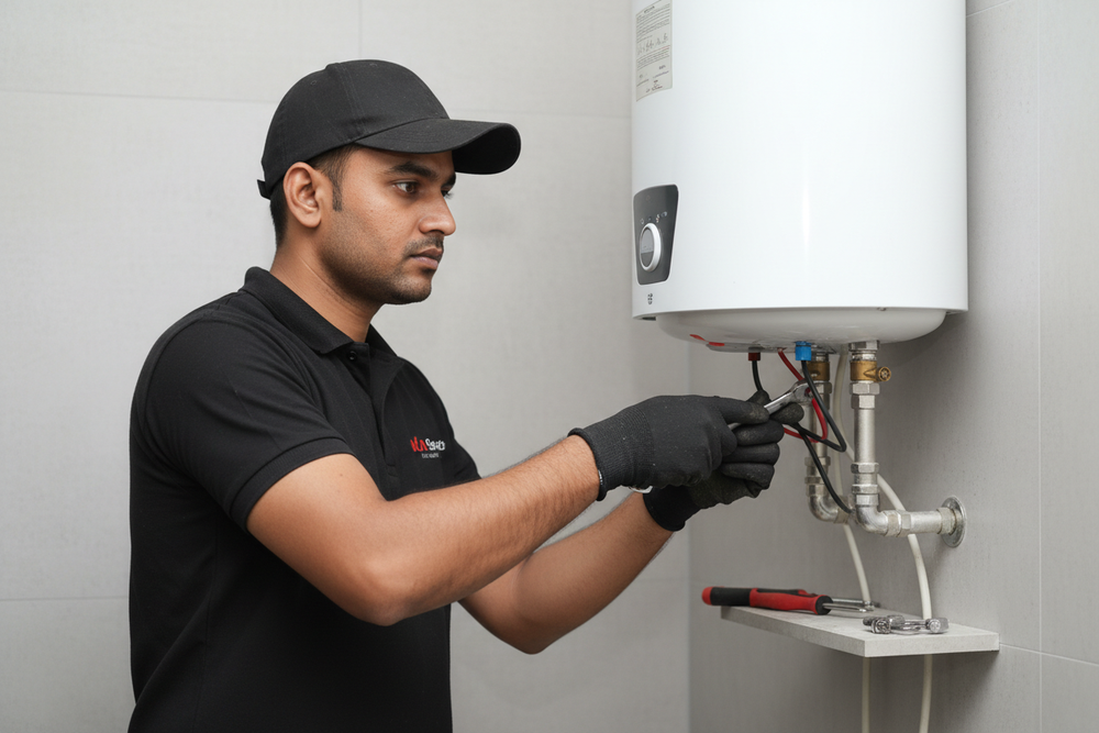 make a image with showcase geyser service a indian professional man with black tshirt cap pant in 4k in zoom to show men and geyser only in good and clear backgronund