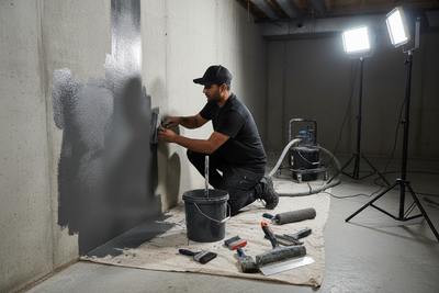 want a image for  basement waterproofing service in 4k with one INDIAN man in black tshirt cap dress