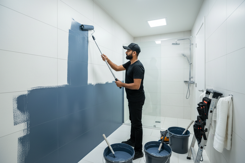 want a image for  bathroom waterproofing service in 4k with one INDIAN man in black tshirt cap dress