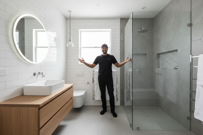 want a image for  bathrrom furnished renovation service in 4k with one INDIAN man in black tshirt cap dress