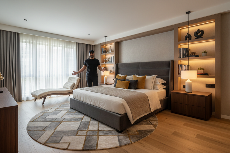 want a image for  bedroom furnished renovation service in 4k with one INDIAN man in black tshirt cap dress