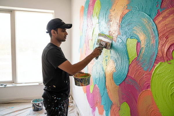 want a image for  colorful texture painting service in 4k with one INDIAN man in black tshirt cap dress