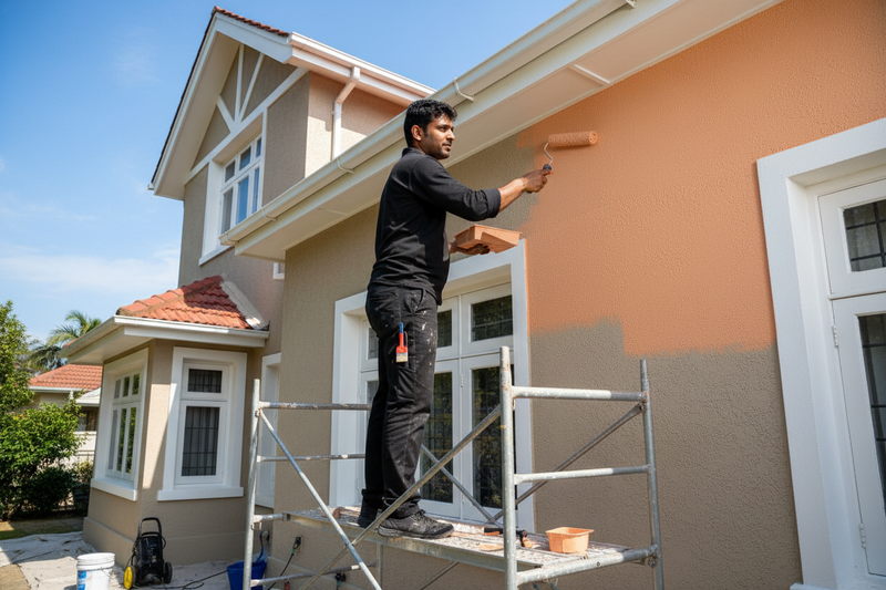want a image for exterior painting service in 4k with one INDIAN man in black dress