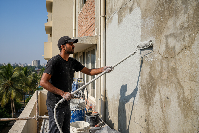 want a image for  exterior waterproofing service in 4k with one INDIAN man in black tshirt cap dress