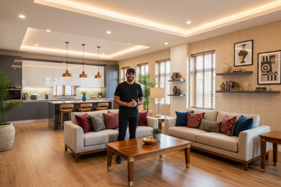 want a image for  full home furnished renovation service in 4k with one INDIAN man in black tshirt cap dress