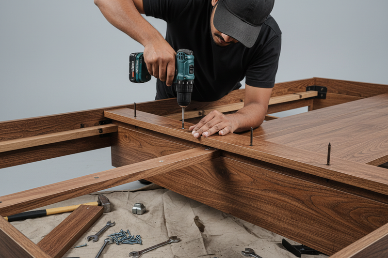 want a image for  furniture repair service with bed in 4k in plain background with one INDIAN handyman in black tshirt cap dress only hands will shown in zoom