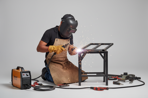 want a image for home basic welding service in 4k in plain light grey background with one INDIAN handyman in black tshirt cap dress
