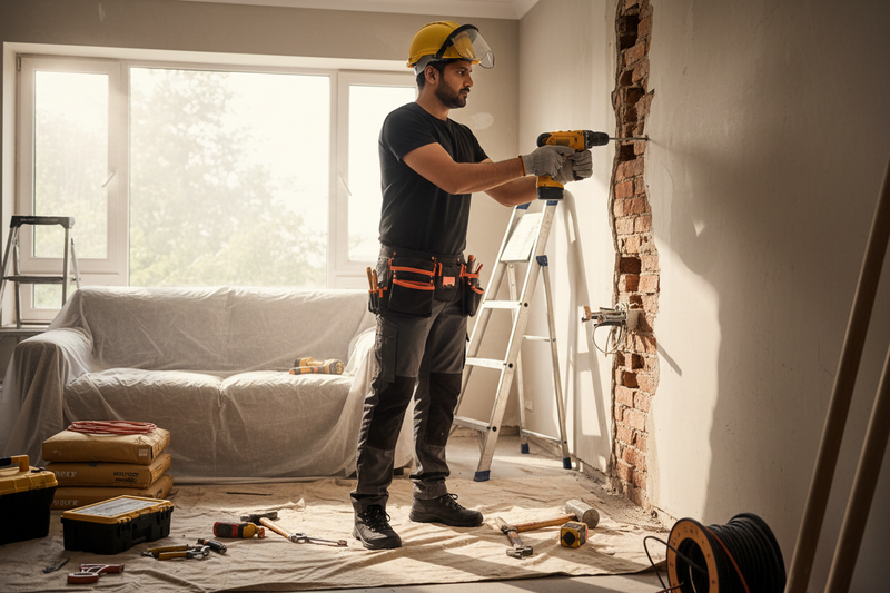 want a image for home repairing civil service in 4k with one INDIAN man in black tshirt saftey cap & dress