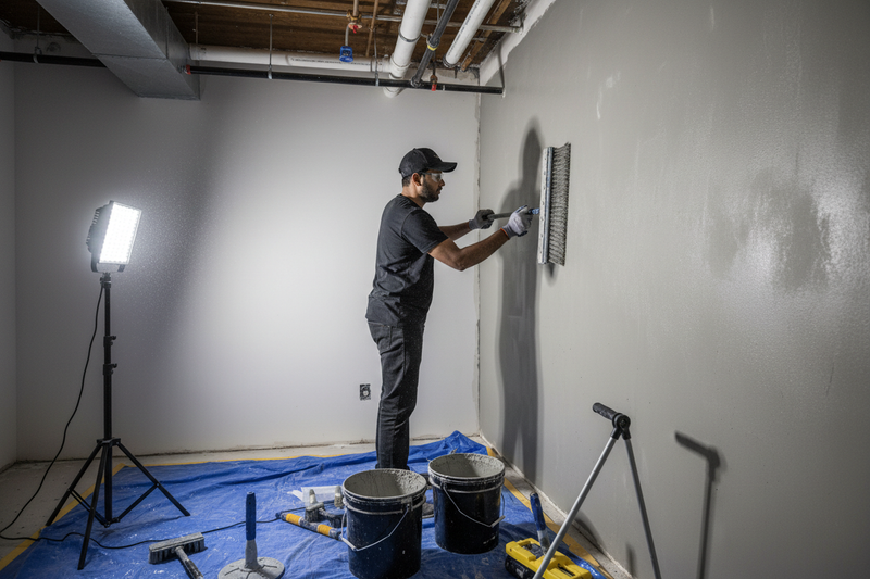 want a image for  interior waterproofing service in 4k with one INDIAN man in black tshirt cap dress