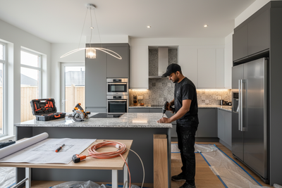 want a image for  kitchen furnished renovation service in 4k with one INDIAN man in black tshirt cap dress