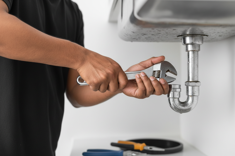 want a image for kitchen sink water blockage removal service in 4k in plain background with one INDIAN handyman in black tshirt cap dress only hands will shown in zoom