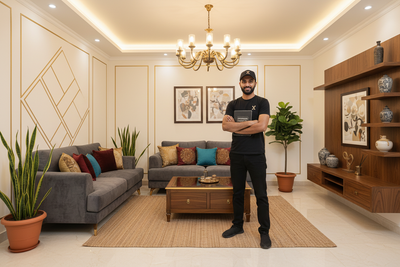 want a image for  living room furnished renovation service in 4k with one INDIAN man in black tshirt cap dress