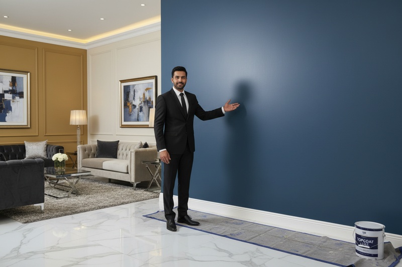 want a image for luxury interior painting service in 4k with one INDIAN man in black dress