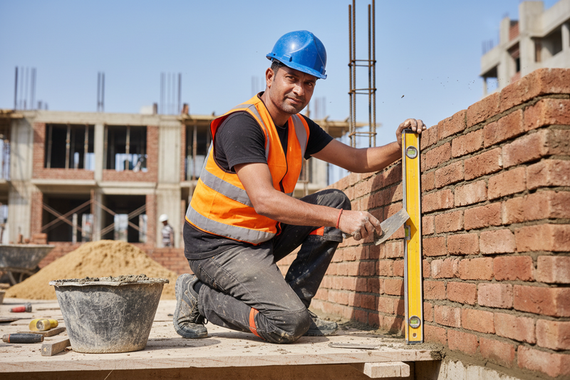want a image for masonry civil service in 4k with one INDIAN man in black tshirt saftey cap & dress