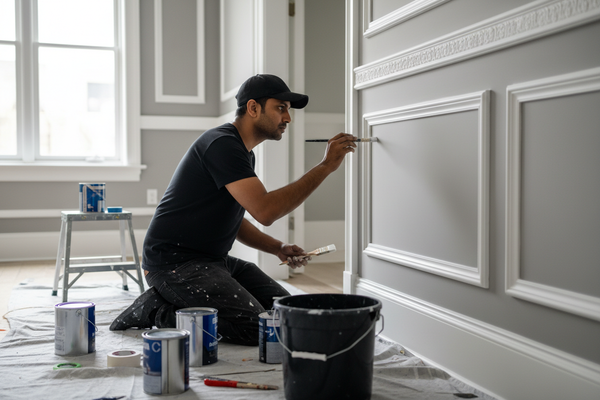 want a image for  moulding painting service in 4k with one INDIAN man in black tshirt cap dress