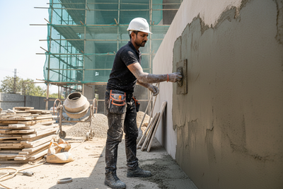 want a image for plastering and cement civil service in 4k with one INDIAN man in black tshirt saftey cap & dress