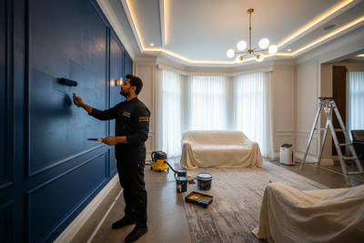 want a image for PREMIUM interior painting service in 4k with one INDIAN man in black dress