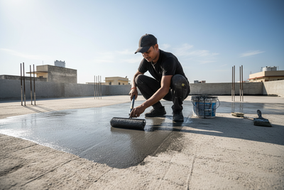 want a image for  terrace and roof waterproofing service in 4k with one INDIAN man in black tshirt cap dress