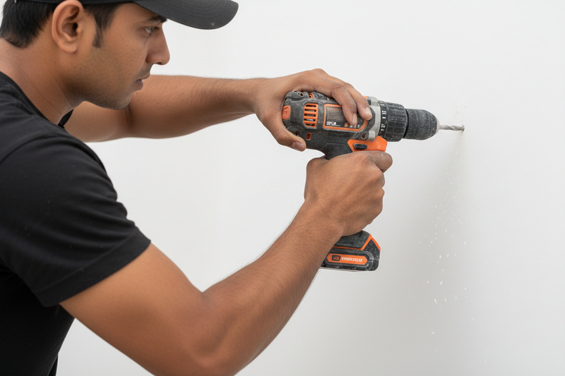 want a image for  wall drilling service in 4k in plain background with one INDIAN handyman in black tshirt cap dress only hands will shown in zoom