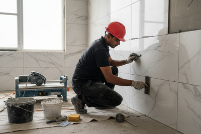 want a image for  wall tiling and grouting civil service in 4k with one INDIAN man in black tshirt saftey cap & dress