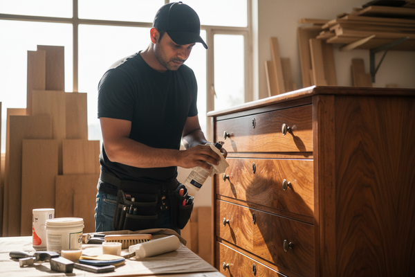 want a image for  wooden polishing service in 4k with one INDIAN man in black tshirt cap dress