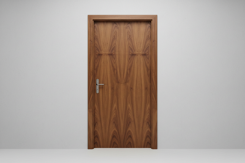 want a image of brown wooden  door with 4k in light grey background in mid view in zoom out