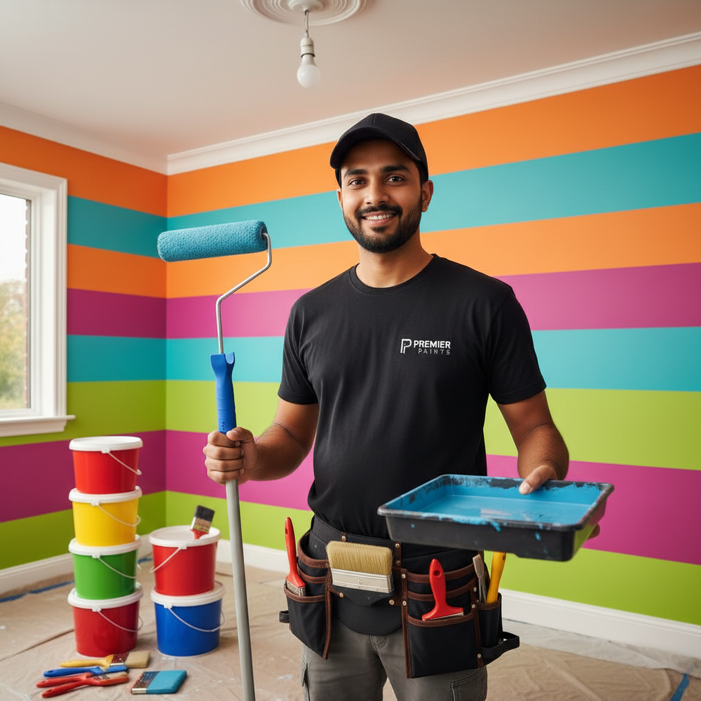 want a image of home painging colorful service with professional  indian black tshirt and cap with equpped with 4k in 200x200 size