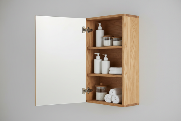 want a image of opend wooden bathroom mirror cabinet 1 door with 4k in light grey background in mid from side up view in zoom out