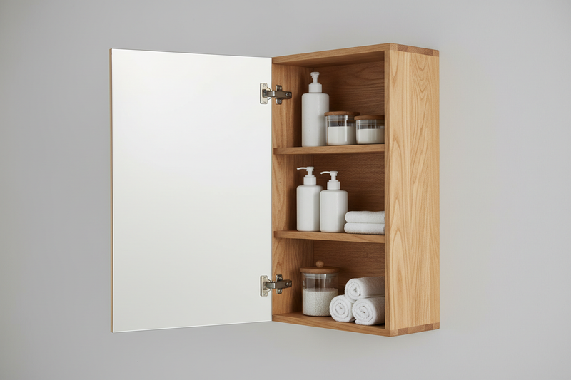 want a image of opend wooden bathroom mirror cabinet 1 door with 4k in light grey background in mid from side up view in zoom out