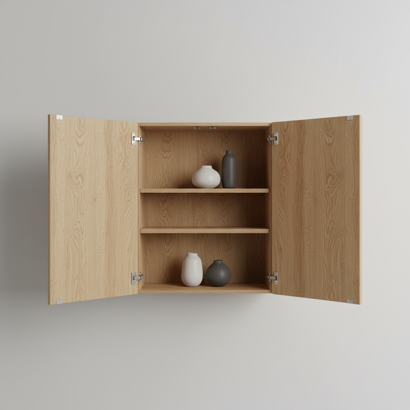 want a image of opend wooden  wall sqaure cabinet 2  door with 4k in light grey background in mid view in zoom out