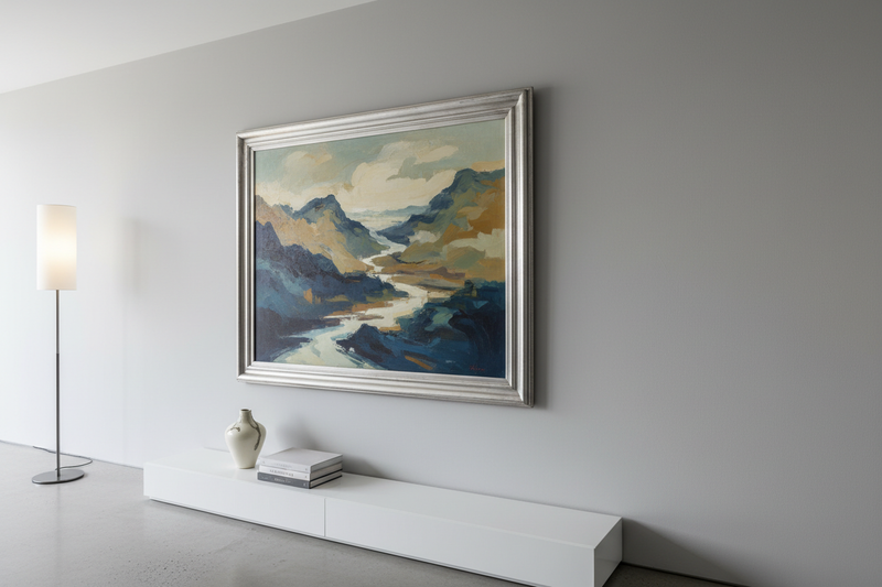 want a image of paining on wall with 4k in light grey background in mid from side up view in zoom out