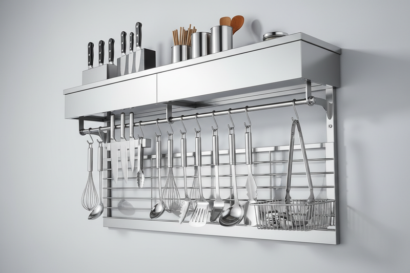 want a image of steel big wall utensil rack with 4k in light grey background in mid from side up view in zoom out